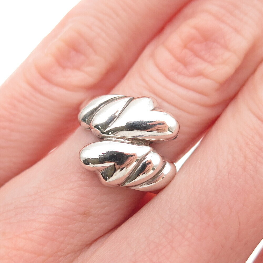 925 Sterling Silver Vintage Modernist Heart Oxidized Bypass Ring Size 5.75